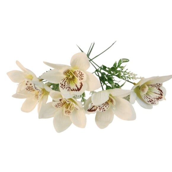 White Orchid Artificial Flowers with Greenery 6 Stem Bundle Faux Silk Wedding Fl - Picture 4 of 16